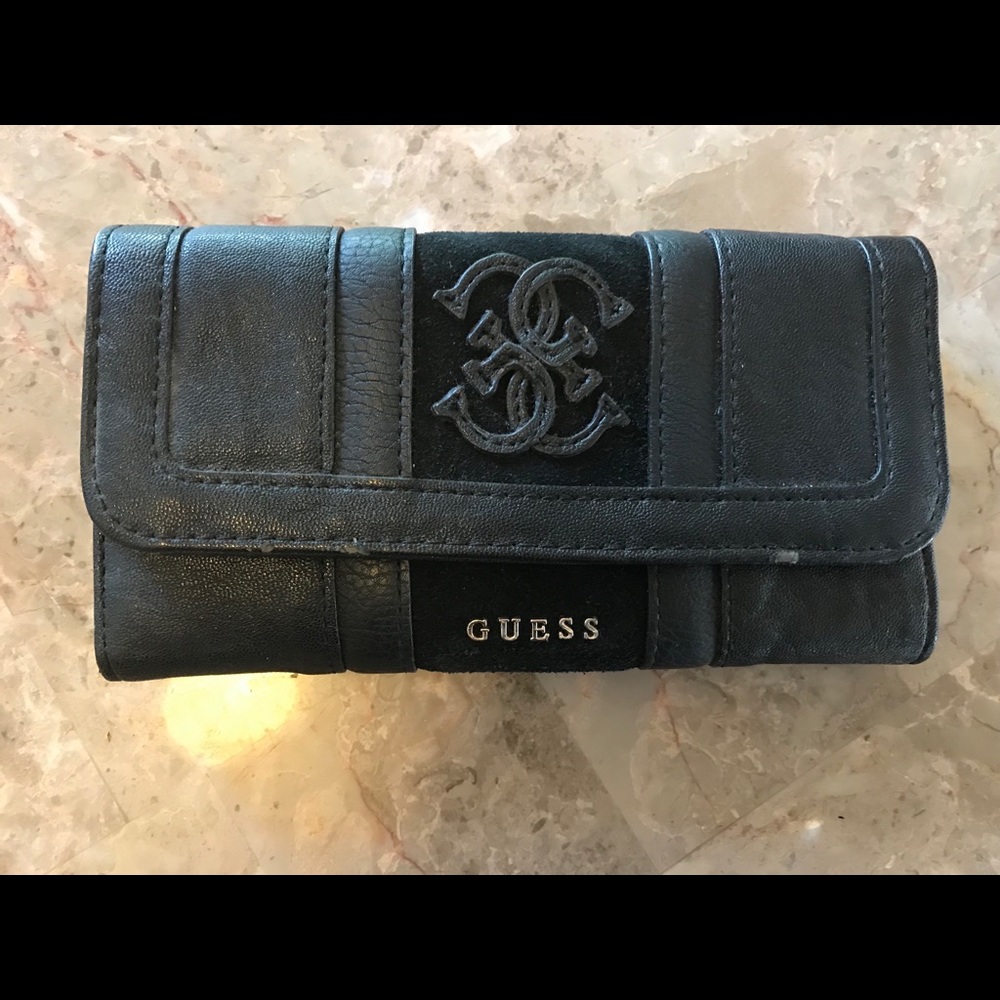 Black leather, suede with silver Guess wallet.